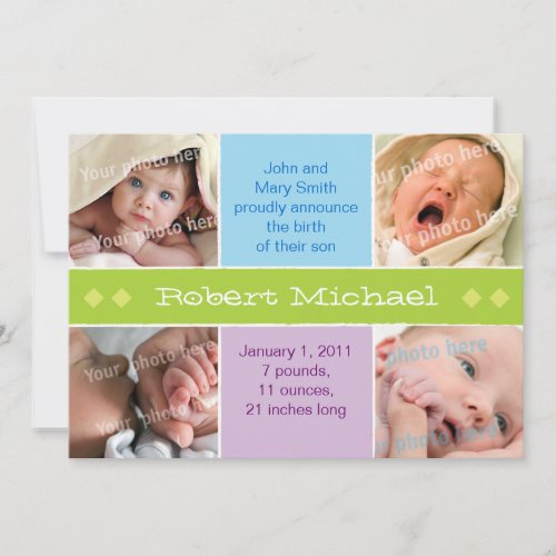 4 picture green birth announcment custom invite