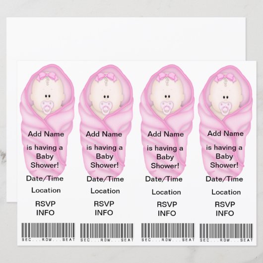 4 Pink Baby Shower Invitations - Bookmark Favors (Front/Back)