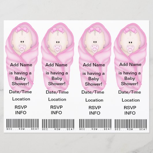 4 Pink Baby Shower Invitations - Bookmark Favors (Front)