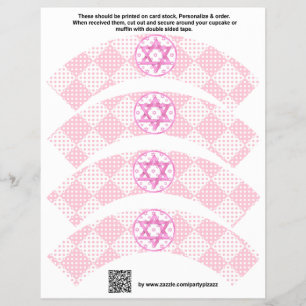 4 Pink Girl Bat Mitzvah Custom Cupcake Wrappers