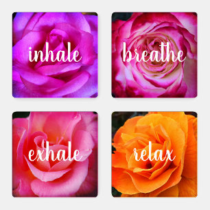 4 pink orange purple roses inspiration words bold coaster set