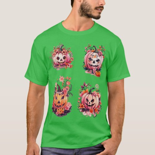 4 Pink Pumpkin face with floral and orange flowers T_Shirt