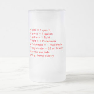 4 pints = 1 quart 4 quarts = 1 gallon 1 gallon = 1 frosted glass beer mug