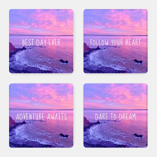 4 Purple Pink Ocean Sunset Photo Inspiration Quote Coaster Set