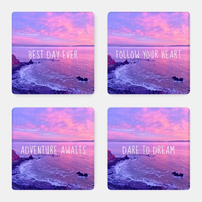 4 Purple Pink Ocean Sunset Photo Inspiration Quote Coaster Set (Set)