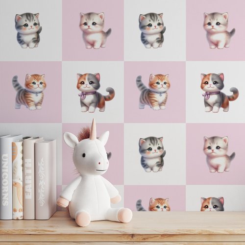 4 Purrfect Kittens on Pink & White: Peel and Stick Wallpaper