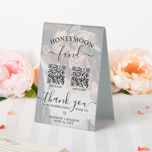 4 QR Codes 2 Sided Mobile App Honeymoon Fund Photo Table Tent (In SItu (Wedding))