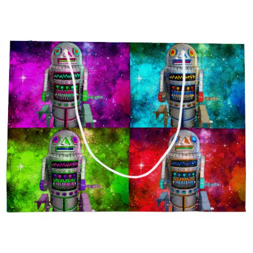 4 sci fi toy robots red green blue purple galaxy large gift bag