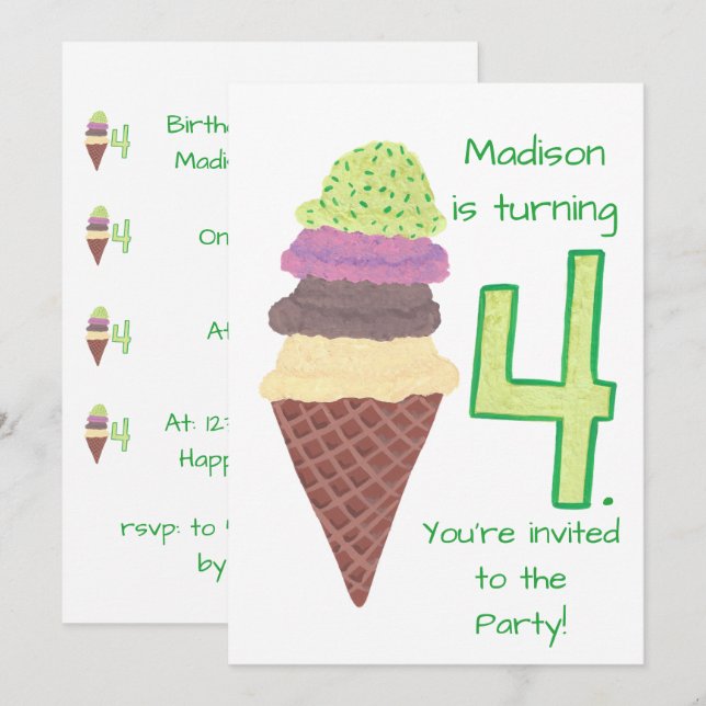 4 Scoops of Ice Cream Birthday Party Invitations (Front/Back)