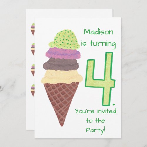 4 Scoops of Ice Cream Birthday Party Invitations