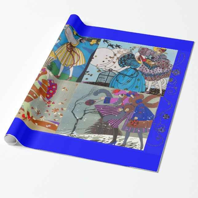 4 SEASONS ARTDECO BEAUTY FASHION ILLUSTRATION,Blue Wrapping Paper (Unrolled)