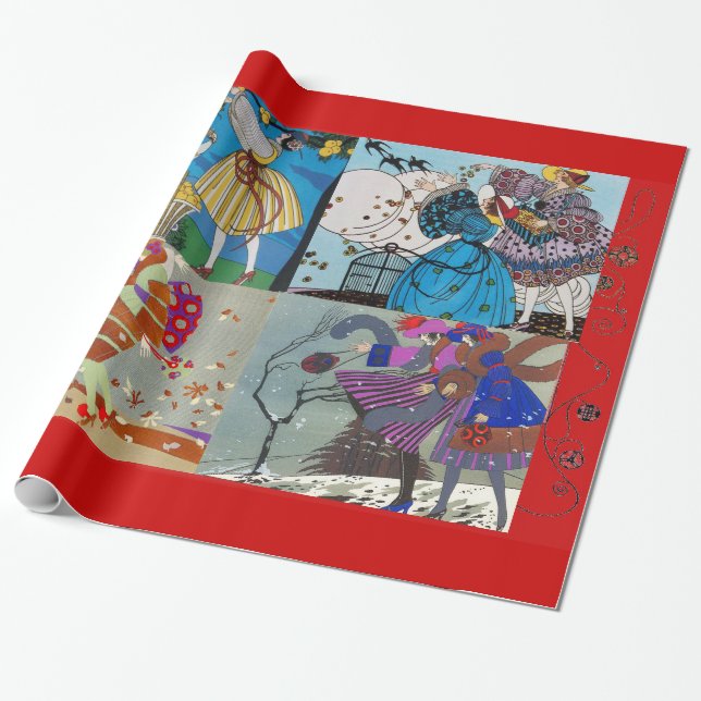 4 SEASONS ARTDECO BEAUTY FASHION ILLUSTRATION,Red Wrapping Paper (Unrolled)