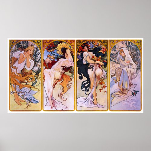 4 Seasons by Alphonse Mucha Vintage Art Nouveau Poster