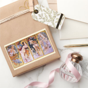 4 Seasons by Alphonse Mucha, Vintage Art Nouveau Rectangular Sticker