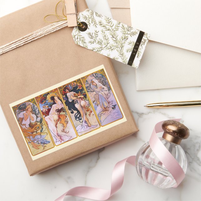 4 Seasons by Alphonse Mucha, Vintage Art Nouveau Rectangular Sticker (Gifting)