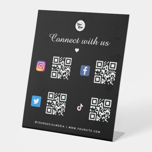 4 Social Media Qr Code Black Logo TikTok Facebook Pedestal Sign | Zazzle