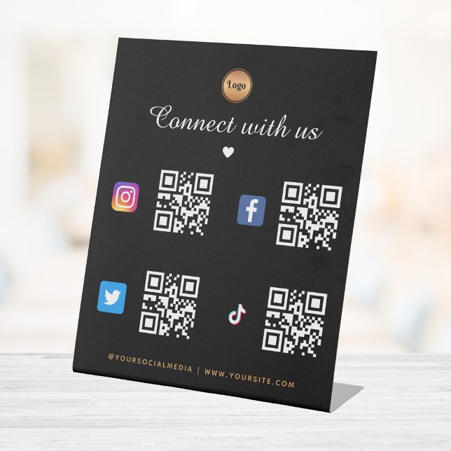 4 Social Media Qr Code Gold Logo TikTok Facebook Pedestal Sign (Creator Uploaded)