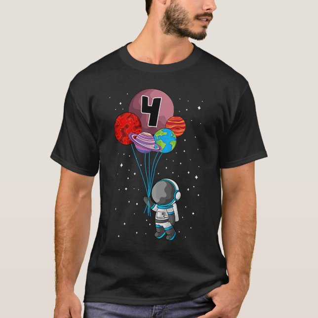 4 Space Birthday Holding Planets Astronaut Bday Ro T-Shirt (Front)