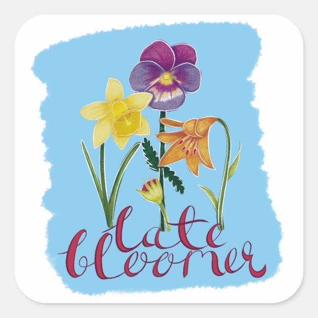 4 Spring and Summer Flowers with Fancy Text Square Sticker (Front)