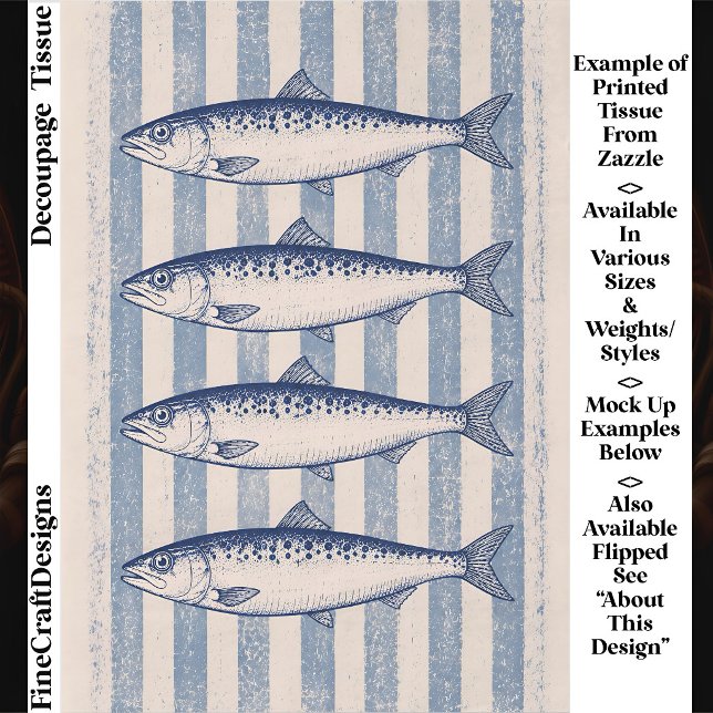 4 Stylized Sardines, Blue Stripes FM6L Decoupage Tissue Paper (Creator Uploaded)