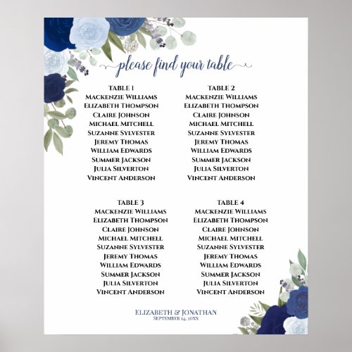 4 Table Blue Boho Floral Wedding Seating Chart