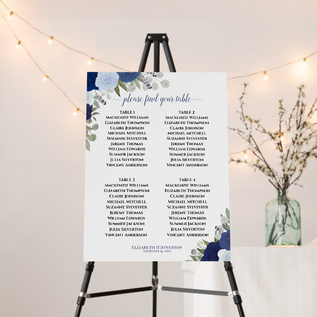 4 Table Blue Boho Roses Wedding Seating Chart Foam Board (In Situ (Stand))
