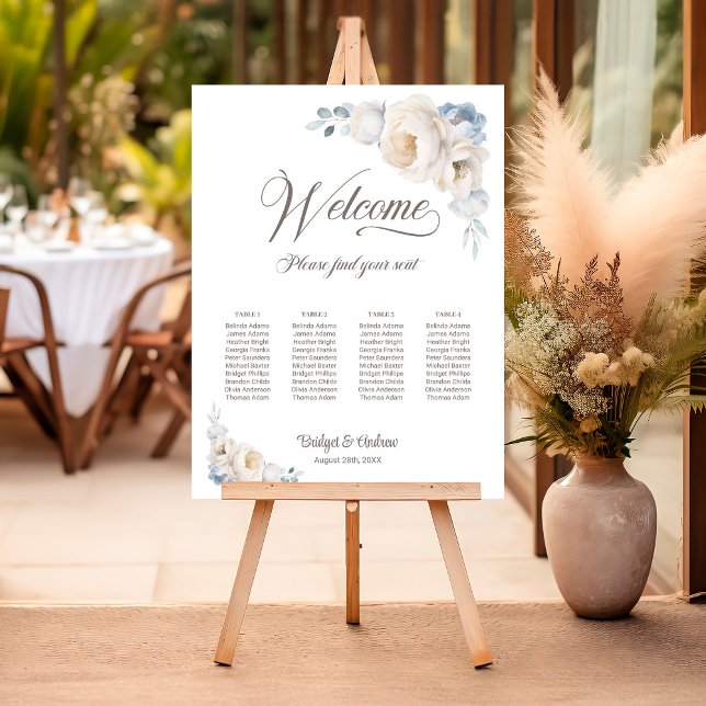 4 Table Blue White Floral Wedding Seating Chart Foam Board (Creator Uploaded)