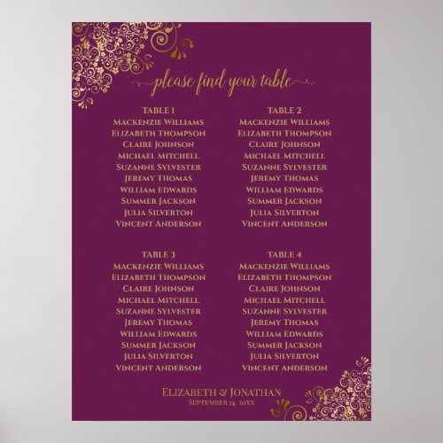 4 Table Cassis Purple  Gold Wedding Seating Chart