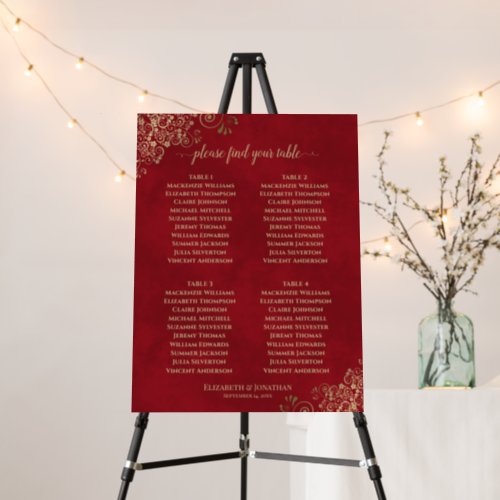 4 Table Crimson Red  Gold Lace Seating Chart Foam Board