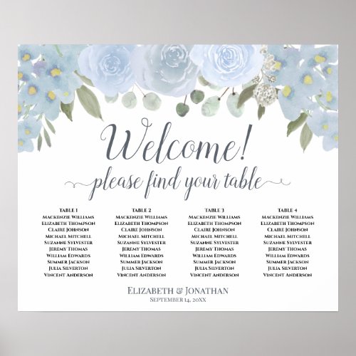 4 Table Dusty Blue Roses Wedding Seating Chart