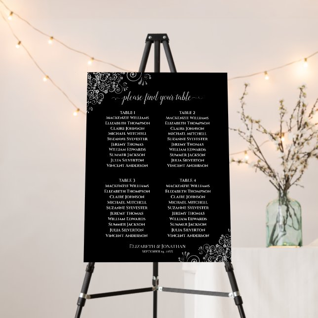 4 Table Elegant Black & Silver Posh Seating Chart Foam Board (In Situ (Stand))