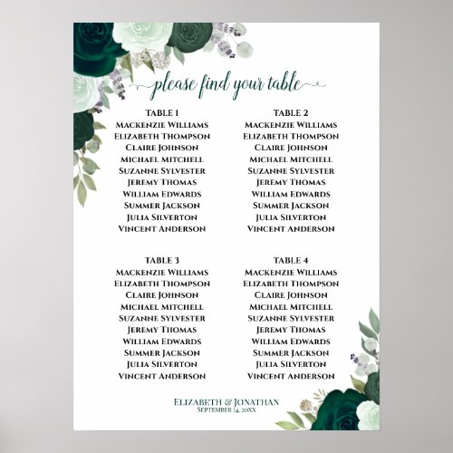 4 Table Emerald Green Floral Wedding Seating Chart