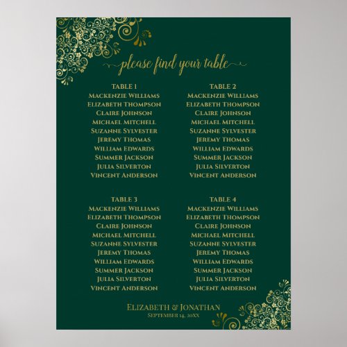 4 Table Emerald Green & Gold Wedding Seating Chart