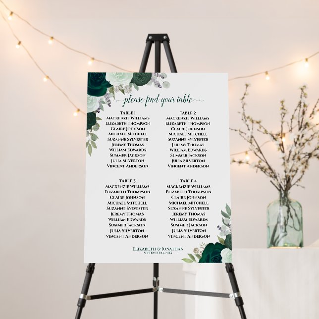 4 Table Emerald Green Roses Wedding Seating Chart Foam Board (In Situ (Stand))
