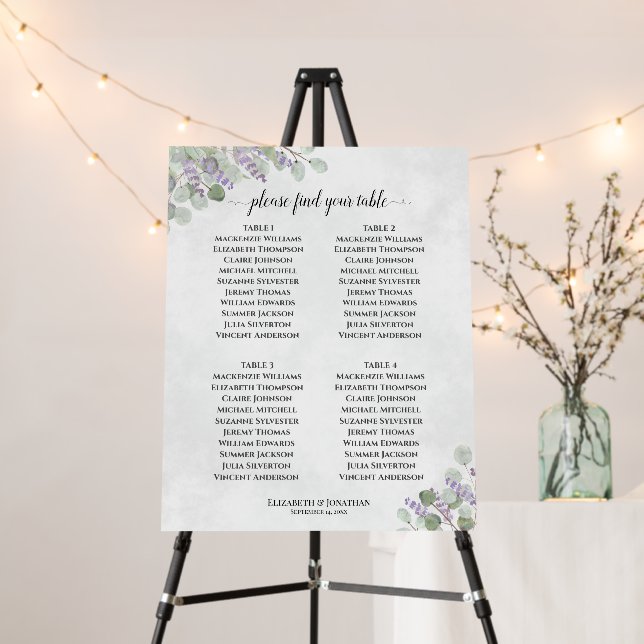 4 Table Eucalyptus Lavender Wedding Seating Chart Foam Board (In Situ (Stand))