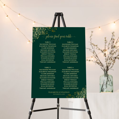 4 Table Frilly Emerald Green  Gold Seating Chart Foam Board