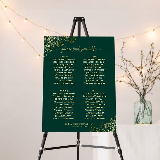 4 Table Frilly Emerald Green & Gold Seating Chart Foam Board (In Situ (Stand))