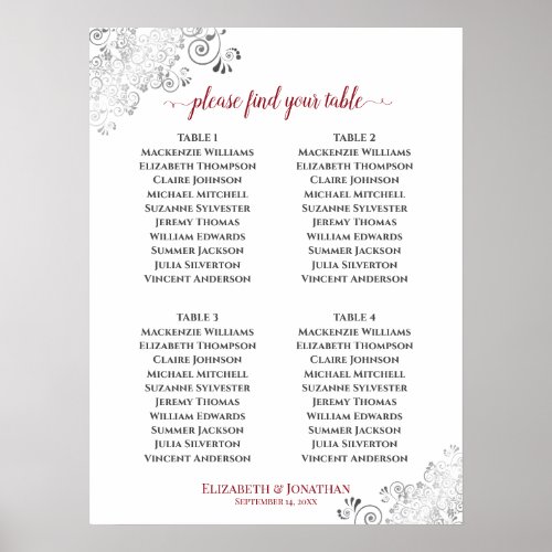 4 Table Frilly Wedding Seating Chart Red on White