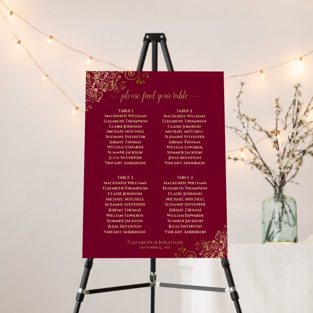 4 Table Gold Curls Maroon Burgundy Seating Chart Foam Board (In Situ (Stand))