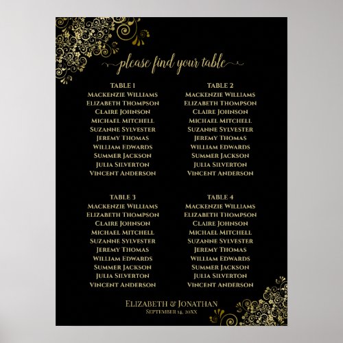 4 Table Gold Frills Wedding Seating Chart Black