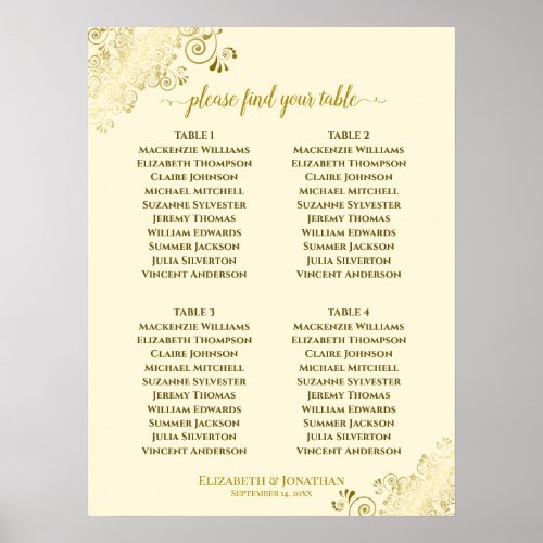 4 Table Gold Frills Wedding Seating Chart Cream