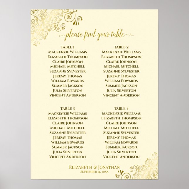 4 Table Gold Frills Wedding Seating Chart Cream (Front)