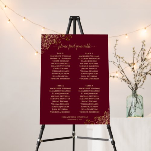 4 Table Gold Lace Maroon Burgundy Seating Chart Foam Board