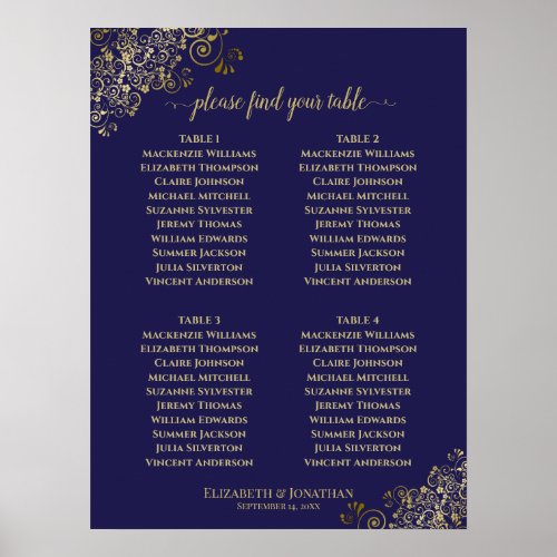 4 Table Lacy Gold Wedding Seating Chart Navy Blue