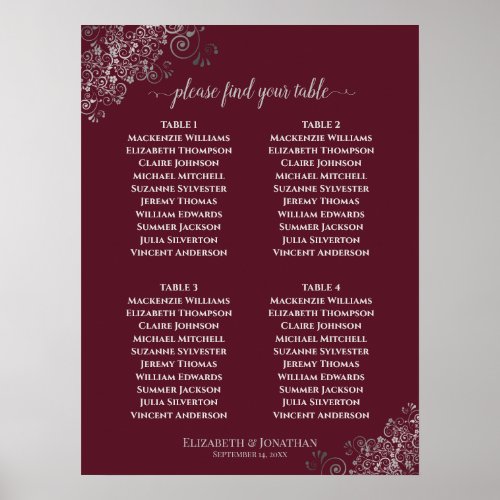 4 Table Lacy Silver Wedding Seating Chart Burgundy