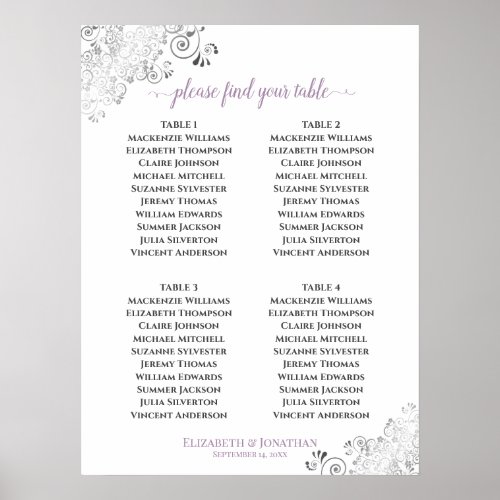 4 Table Lacy Wedding Seating Chart Lavender White
