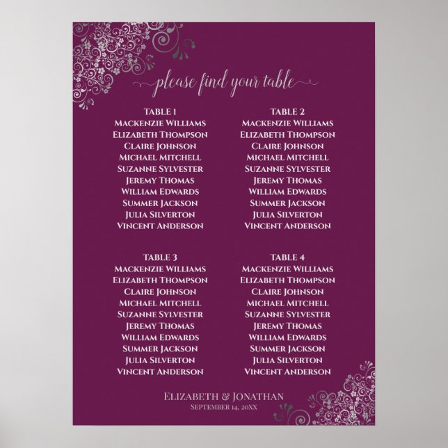 4 Table Magenta Plum & Ornate Silver Seating Chart (Front)