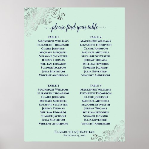 4 Table Mint Green  Navy Wedding Seating Chart