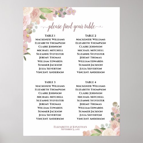 4 Table Pink Floral Boho Wedding Seating Chart