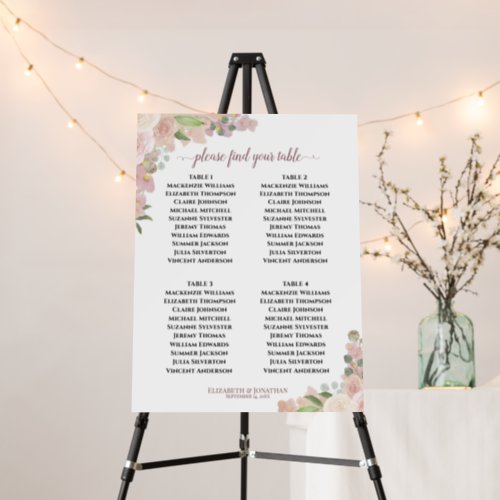 4 Table Pink Roses Floral Wedding Seating Chart Foam Board